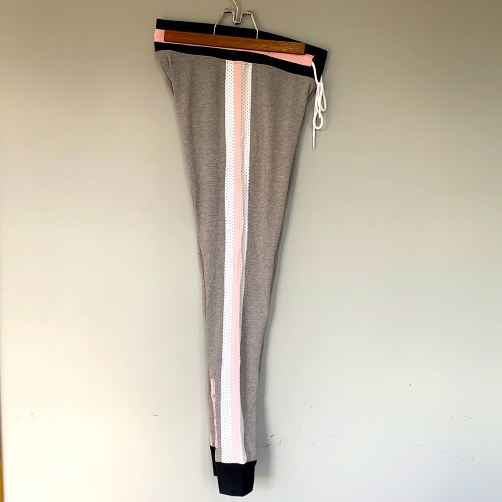 PINK Yoga Pant Legging Waist Tie Mesh Sides Small Cotton Gray Pink Sport